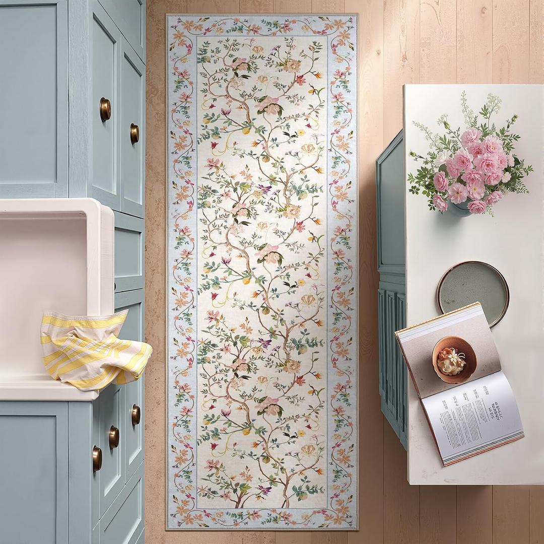 jinchan Floraison Hallway Runner 2x6 Multi Floral Soft Machine Washable Rug Non Slip Low Pile Boho Stain Resistant Botanical Rugs for Bedroom Kitchen Floor Living Room Beige/Blue