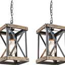 Farmhouse Pendant Light, Adjustable Metal and Wood Chandelier Light Fixture, Rustic Pendant Lighting for Kitchen Island, Bedroom, Dining Room and Entryway (Brown), 2 Pack