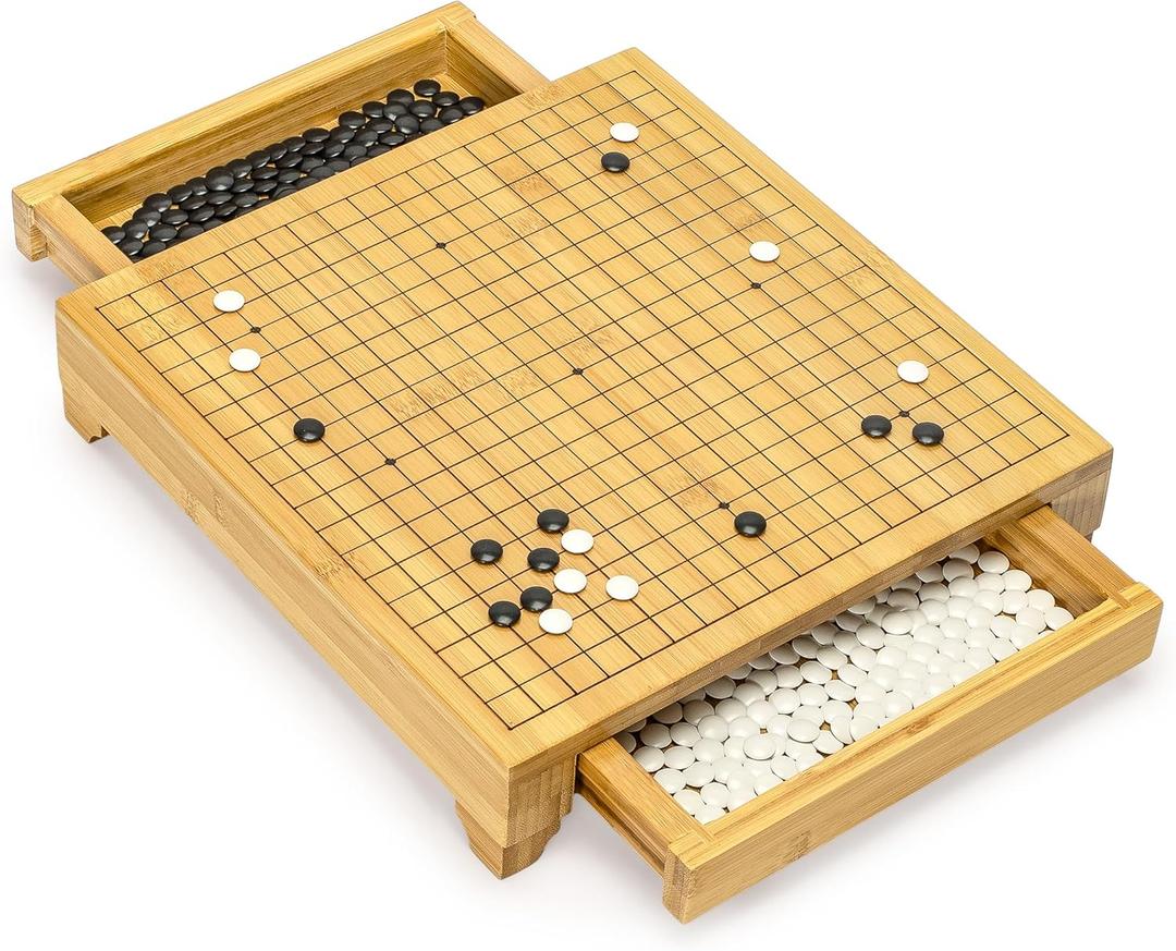 Bamboo Go Game Set  12.6 x 12.2-Inch Wooden Board with Pull-Out Storage Drawers & Double Convex Melamine Stones  Full-Size Baduk/Weiqi Strategy Game by Yellow Mountain Imports