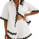 Fixmatti Women Two Piece Summer Sets Short Sleeve Button Down Shirts Short Sets (Large, White Black)
