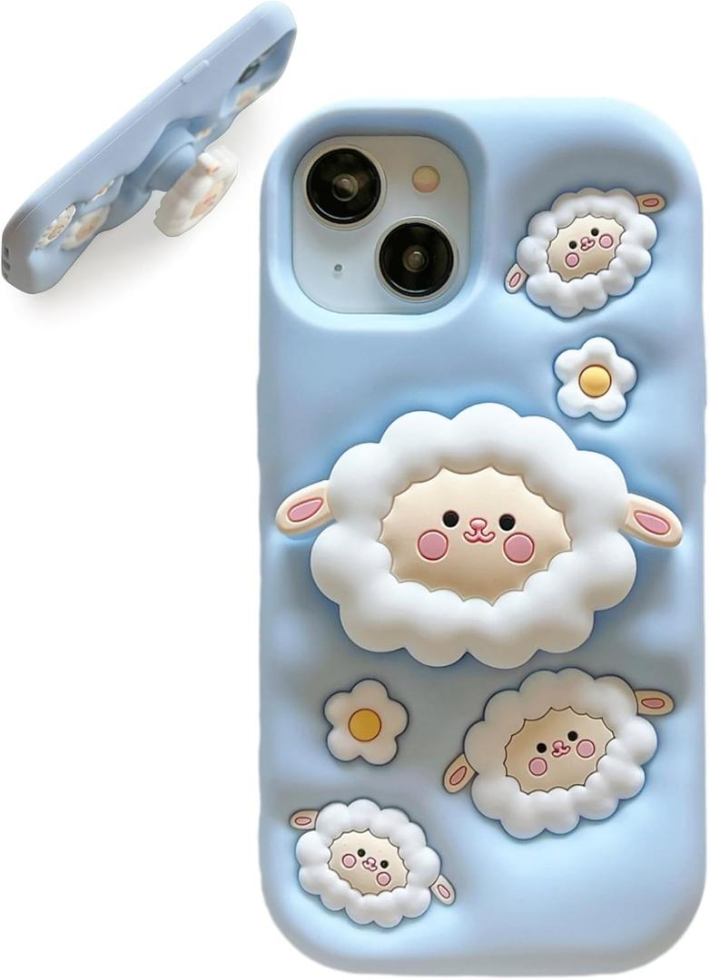 Kawaii 3D Sheep Phone Case for iPhone 15 (with Retractable Phone Stand & Grip) Cute Girly Cartoon Soft Silicone Phone Cover for Girls, Kids, Teens, and Women, Blue