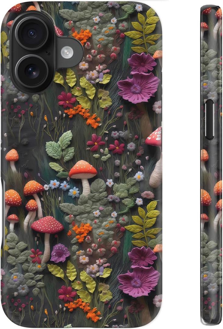 for iPhone 16 Case CuteWireless Charging Compatible  Dual-Layer Hard Shell + Silicone Cover - Trendy Design  Protective Phone Case for Women - Whimsigoth Mushroom Forest