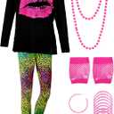 80s Women Costume Set, T-Shirt, Geometric Legging Pants Earring Necklace Gloves Bracelet (Large, Long Sleeve Leopard Print)