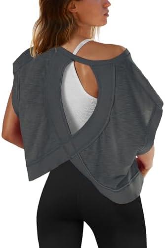 SENSERISE Womens Open Back Workout Tops Backless Short Sleeve Athletic Shirt Running Crop Top Gym Yoga Tee (Grey, Large)