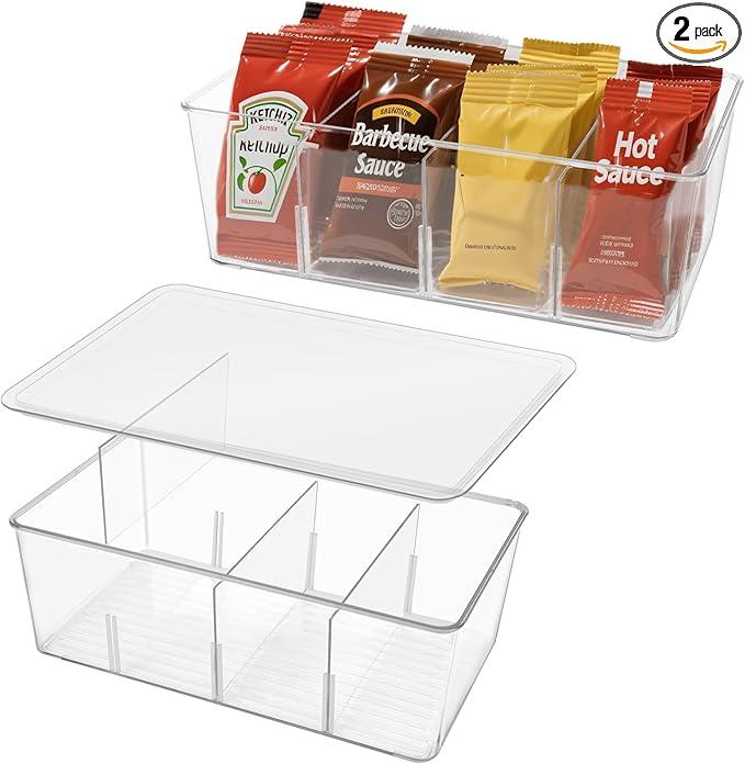 2 Pack Sauce Packet Organizer, Storage Box for Ketchup Packets, Hot Sauce Packets, and Condiment Packets, Made of Clear Plastic, Suitable for Kitchen Storage, Refrigerator Storage, One Lid Included