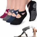Ozaiic Pilates Socks for Women Non Slip Grip, Yoga Socks with Grippers for Barre, Hospital, Ballet, Dance, Barefoot Workout (One Size, 4 Pairs - Black/Navy/D.gray/ Burgundy)