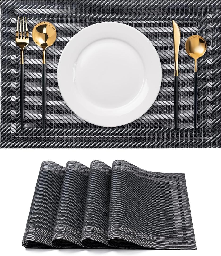 CADONO Placemats Set of 4 Washable Indoor/Outdoor Vinyl Place Mats for Dining Table Durable Non-Slip Heat Resistant PVC Weave Table MatsSimple Style-Black