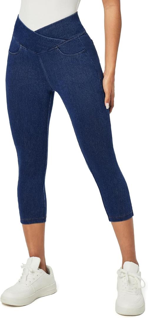 IUGA Capri Jeans for Women Pull On Jeggings for Women Tummy Control Jean Capris Pants Stretchy Denim Pants with Pockets (XX-Large, Dark Blue)