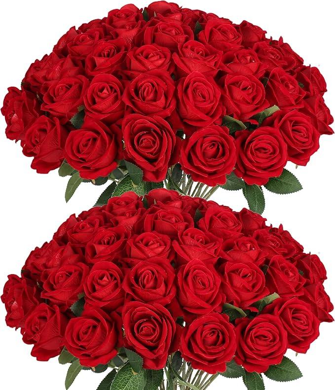 Jefuzh 50 PCS Fake Red Roses, Artificial Red Flowers Bulk Realistic Silk Faux Rose with Stems for Wedding Decoration Anniversary Bridal Bouquet DIY Floral Arrangement Romantic Home Decor Gifts
