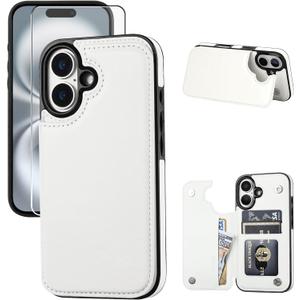 Wallet Case Compatible with iPhone 16 6.1", Slim Protective Case with Card Holder,Premium PU Leather Kickstand Card Slots Case with Double Magnetic Clasp-White