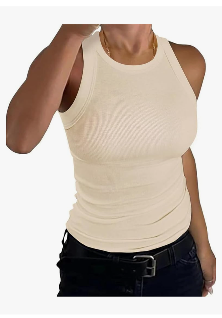 Womens Tank Tops High Neck Sleeveless Ribbed Tank Casual Basic Thick Strap Slim Fitted Racerback Shirts, Size L