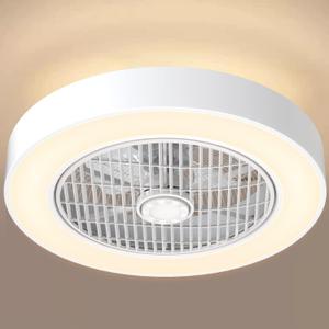 Enclosed Ceiling Fans with Lights Remote Control, Low Profile Ceiling Fan Light's Memory Mode, 3 Colors Dimmable LED 6 Speeds, 20 inches, Timing Reversible Blades - White