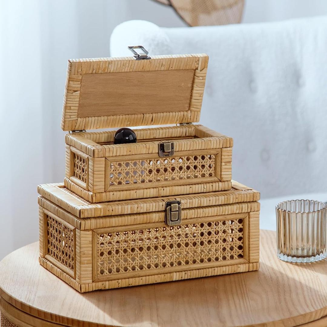Rattan Decorative Box, Boho Display Boxes with Lids, Set of 2 Rectangular Wicker Storage Basket, Natural Woven Cane Bins for Home Decor (Rectangular) (Yellow)