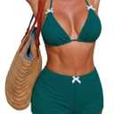 ZAFUL Peacock Blue Women's Bikini Shorts Sets Bow Halter Triangle Bikini Two Piece Bathing Suit Shorts Textured Boyshort Swimsuits for Vacation XL
