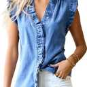 Women's Denim Tank Top Lightweight Sleevless V Neck Ruffle Shirt Casual Blouse (Medium, Blue)