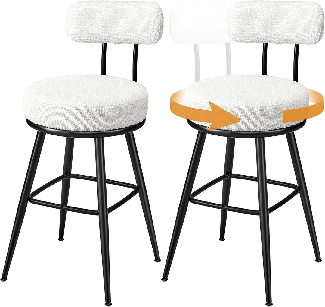 VASAGLE 360° Swivel Bar Stools Set of 2, Counter Height Bar Stools with Back, Boucle Fabric, Contemporary Modern, 25.4 Inch Tall, Kitchen and Home Bar, Cloud White ULBC130W01V1