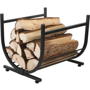 MyGift Industrial Firewood Rack - Matte Black Metal Freestanding U-Shape Log Holder - Compact Fireplace Storage Elevated Fire Wood Caddy