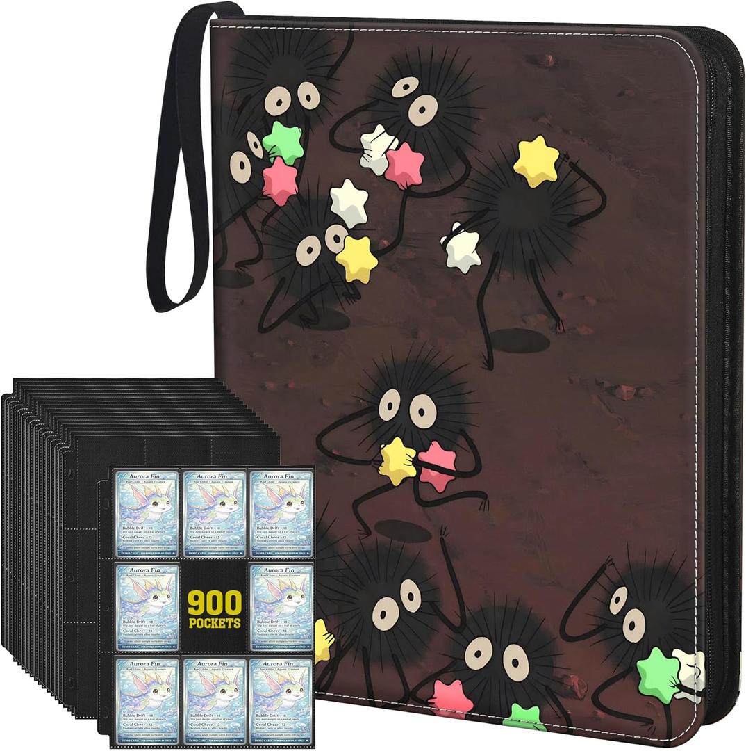 9-Pocket Trading Card Binder & Sports Card Book, 3-Ring Zipper Album Holds 900 Cards with 50 Removable Pages, Fits Standard 2.5" x 3.5" Game & TCG Cards, Water-Resistant PU Cover