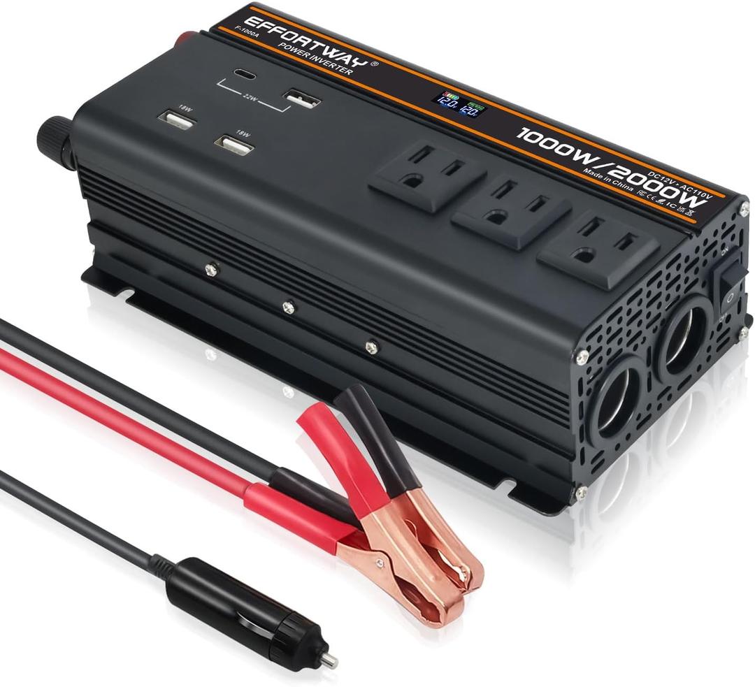 1000 watt Power Inverter for Vehicles 12V to 110V/120V Converter 2000 watt Peak with 3 AC Out, 3 USB,Type-C Charger,and Cigarette Lighter Ports for Smartphones Laptops Tablets