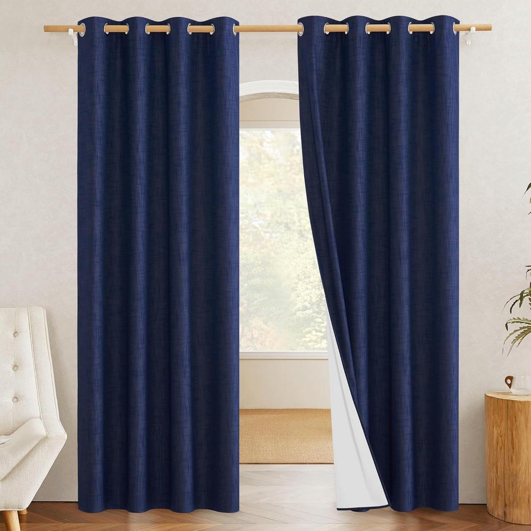 NICETOWN 100% Absolutely Blackout Linen Curtains with Thermal Insulated White Liner, Dark Blue, W52, 2 Pieces, Noise Reducing Textured Linen Look Curtains for Windows 108 inch Length for Classroom
