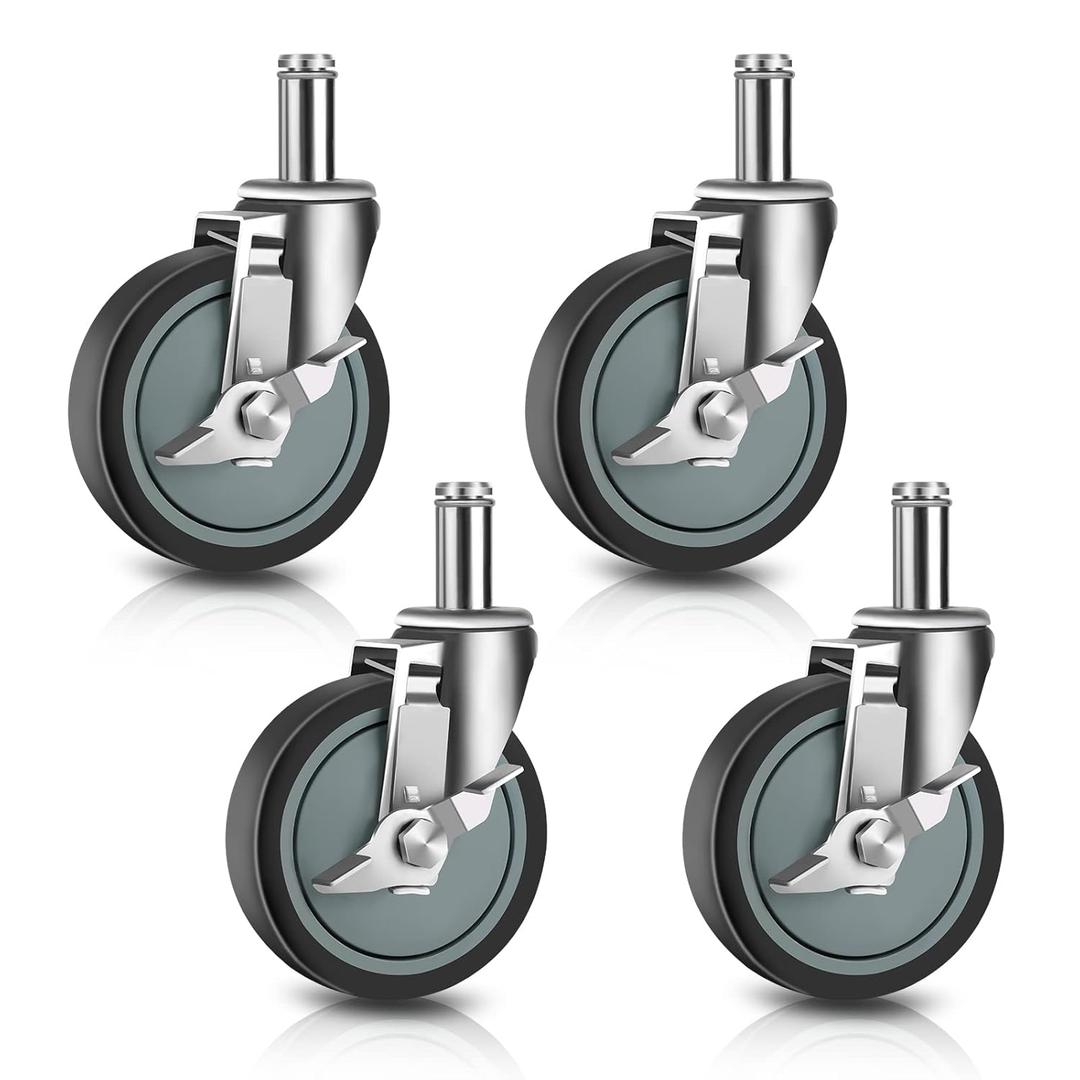 5 inches Stem Casters for Wire Shelving Racks, Heavy Duty Wheels with Brake Set of 4 Swivel Casters Scaffolding Wheel Replacement (.864" x 2-3/16")