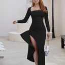 XXTAXN Womens Formal Bodycon Square Neck Long Sleeve Wedding Guest Party Slip Fitted Midi Dress (L)