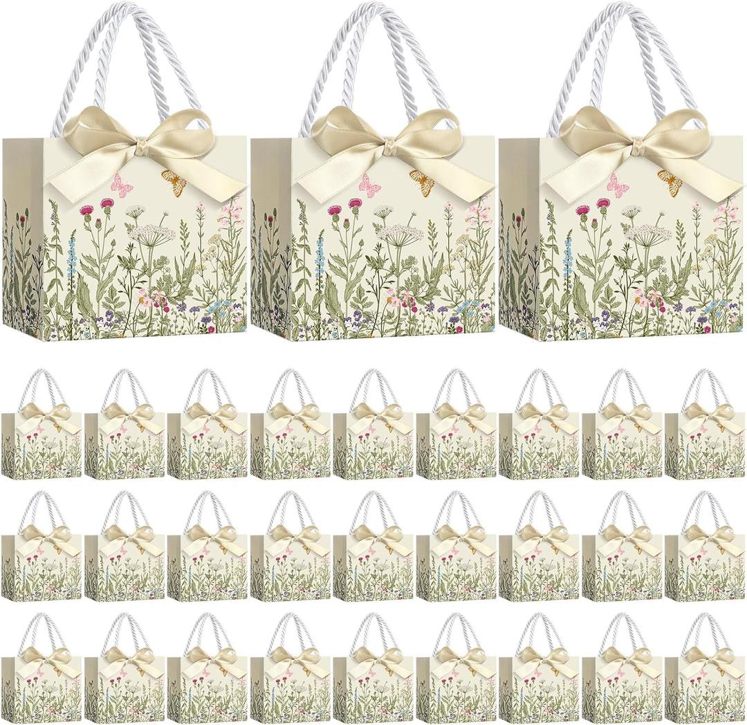 Moinchore 30 Pcs Vintage Wildflower Paper Gift Bags Bulk 5.5 x 4.7 x 2.5 in Mini Flower Plant Favor Bags with Handles Bow Ribbon Wrap for Spring Summer Birthday Home Wedding Party Supplies
