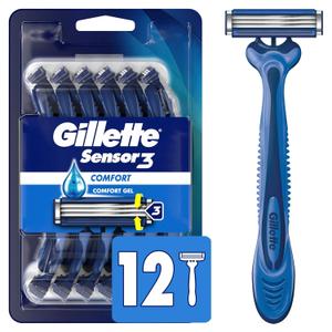 Gillette Sensor3 Comfort Men's Disposable Razors, 12 Razors (Blue)
