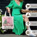 NATSUNO Pink Christmas Canvas Tote Bag, Coquette Christmas Tree Pickup Truck Canvas Tote Bag for Women, Preppy Xmas Winter Holiday Reusable Grocery Bags Shopping Bags