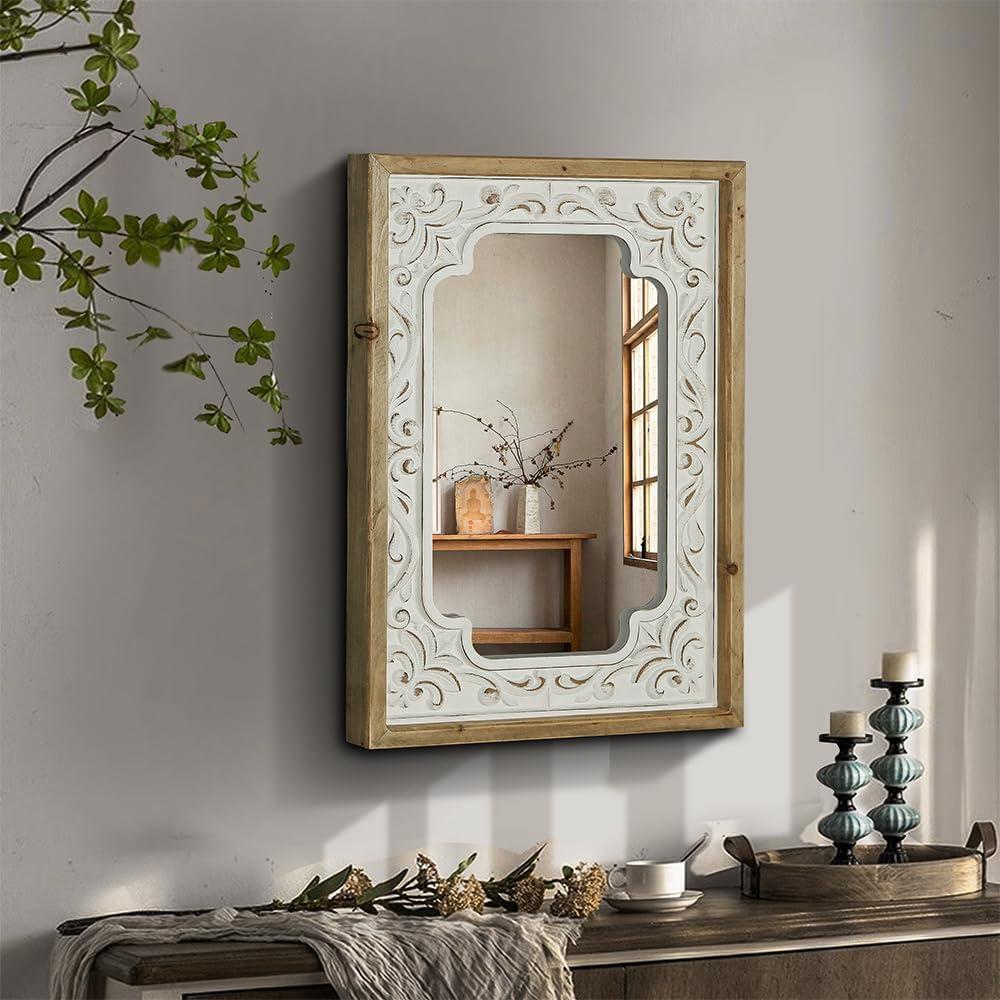 WREVERW Rustic Wood Frame Wall Mirror, Distressed White Floral Carved Design, Vintage Farmhouse Decorative Mirror for Living Room, Bedroom, Bathroom, or Vanity, 16"x22" WREVERW Rustic Wood Frame Wall Mirror, Distressed White Floral Carved Design, Vintage Farmhouse Decorative Mirror for Living Room, Bedroom, Bathroom, or Vanity, 16"x22"