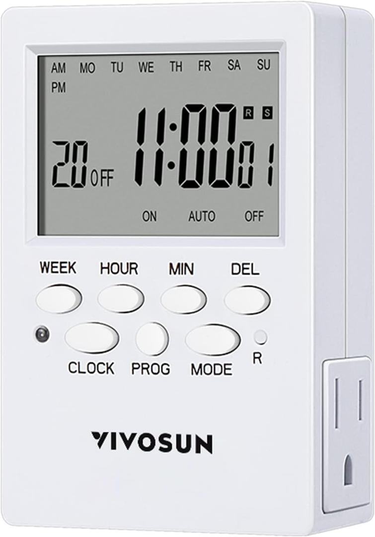 VIVOSUN Digital Timer Outlet 7 Day Programmable Digital Outlet Timer with 2 Independent Outlets 3 Prong, 20 on/Off Programs Groups, Countdown Setting, Indoor for Light Lamp, Fan1Pack