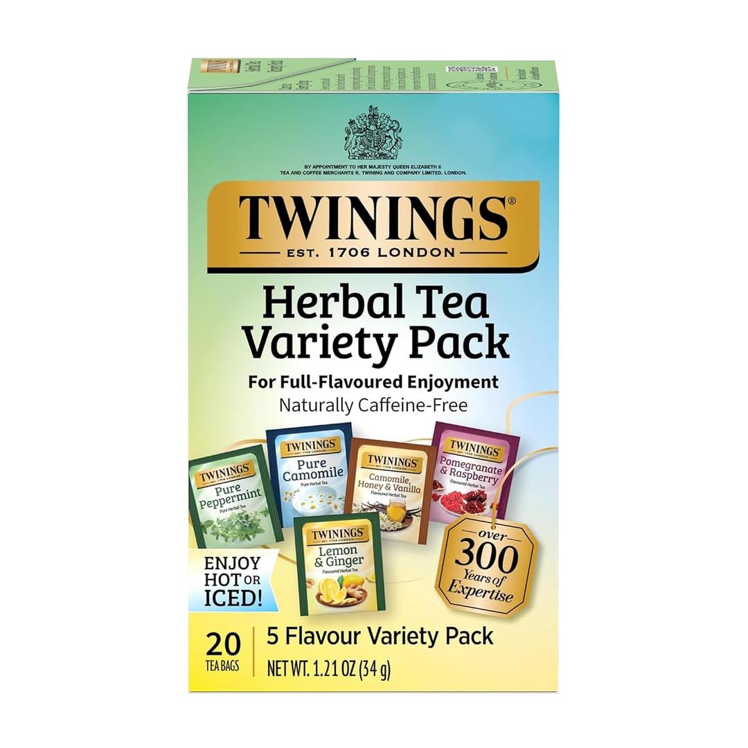 Twinings Herbal Tea Variety Pack, 20 Count (Pack of 1), Formerly Assorted Herbal, Includes 5 Flavours, Naturally Caffeine-Free, Enjoy Hot or Iced, 20 Teabags (EXP 07/03/27)