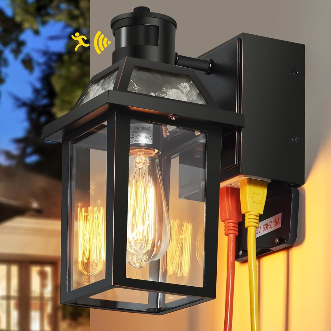 Porch Lights with GFCI Outlet, Dusk to Dawn Outdoor Lights with Outlet, 3 Lighting Modes Exterior Light Fixture Waterproof, Outside Lights for House Front Door Patio Garage (1 Pack Black (With Outlet))