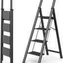 WOA WOA 4 Step Ladder, Ladders for Home, Anti-Slip Aluminum Pedals, Step Stool Foldable, Lightweight to Move, Ease of Storage, Reach 9ft for Closet Kitchen Library, Hold 300lbs - Black