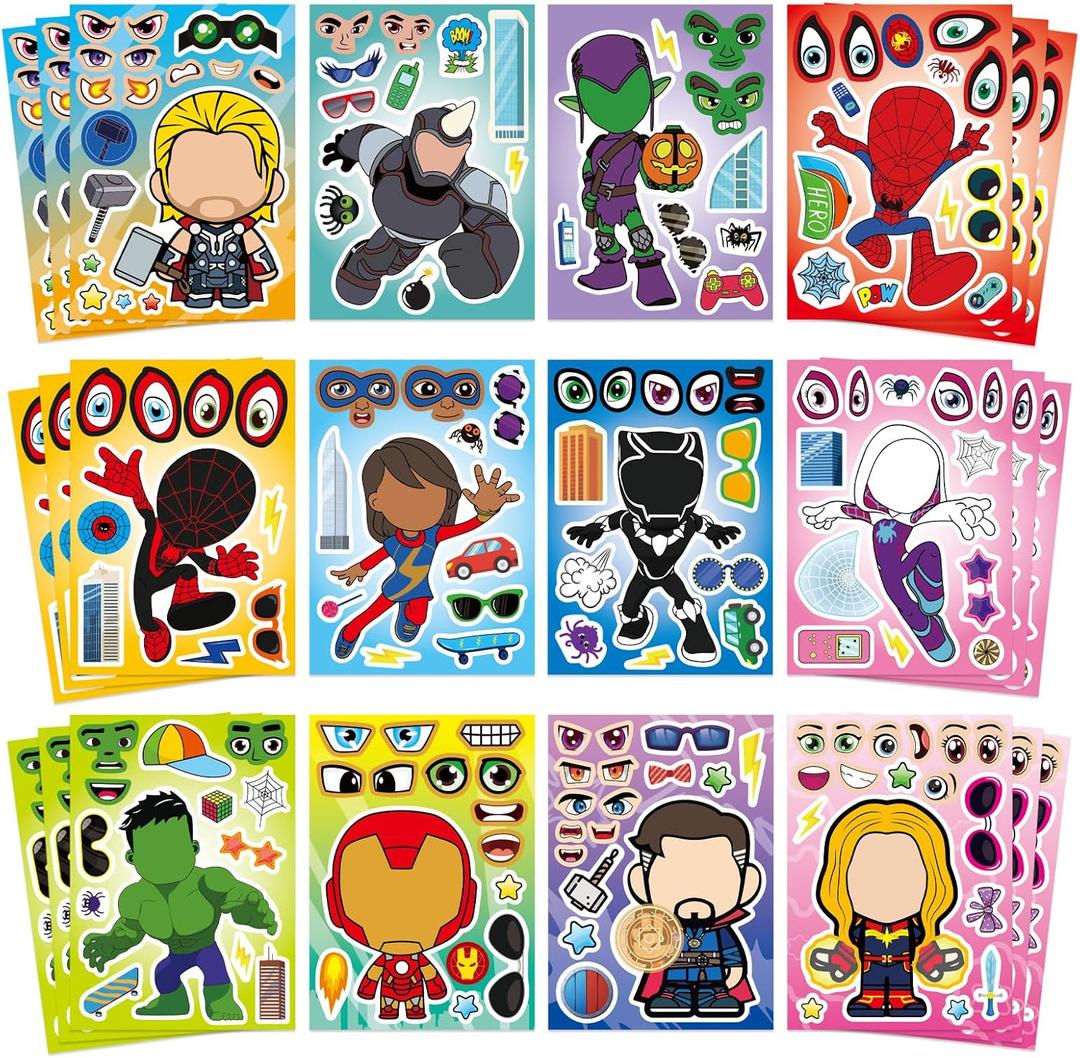 3 x 36 Pieces Make-a-face Stickers Pack, Mixed & Matched with 12 Designed Characters(3 of Each) Make Your Own Stickers for Kids Teens Party Decoration, Reward, Decor, Gift Idea