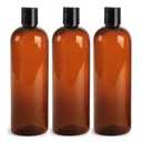 MountainLeaf 3 Pack 16 oz Plastic Empty Bottles with Black Press Disc Caps for Shampoo, Lotion, Hand Sanitizer, Dish Soap Etc., Refillable, BPA Free, Made in U.S.A (Amber bottle)