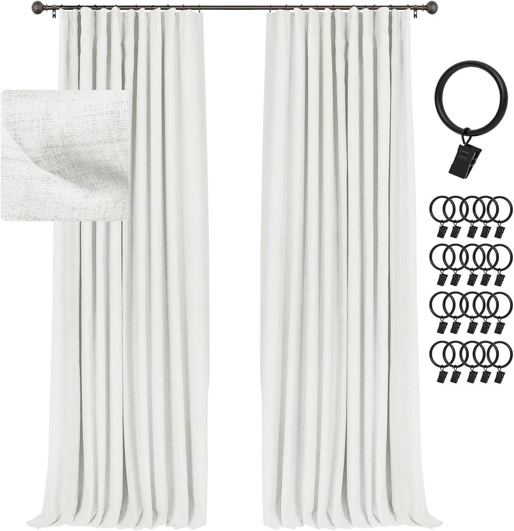 INOVADAY 100% Blackout Curtains for Bedroom, Black Out Curtains 96 Inch Long, Clip Rings Linen Blackout Drapes, Thermal Insulated Room Darkening for Living Room, 2 Panels - Snow White,W50xL96