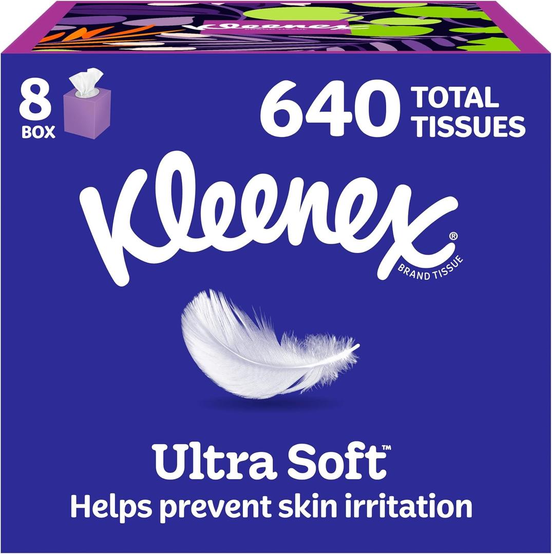 Kleenex Ultra Soft Facial Tissues, 8 Cube Boxes, 80 Tissues per Box, 3-Ply