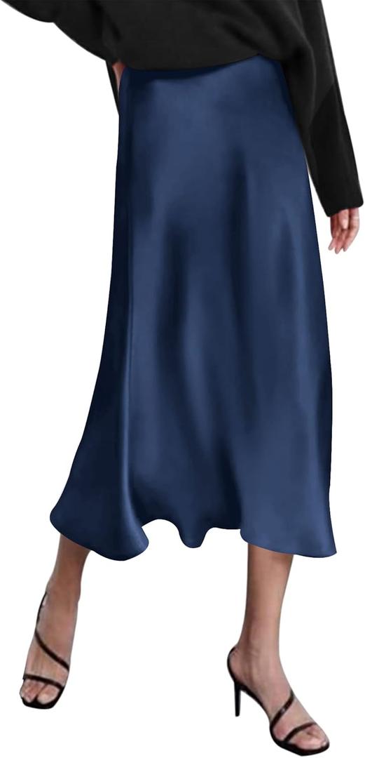 Zeagoo Skirts for Women Jacquard High Waist Skirt Black Elegant Midi Skirt Satin (Small, Navy Blue)