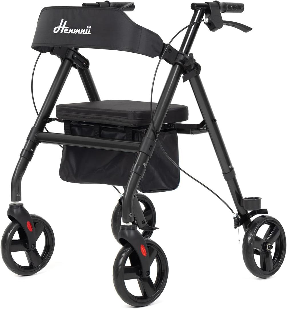 Walker for Seniors, Lightweight Rollator Walker with seat, Foldable Rolling Walker with 8 inch All Terrain Rubber Wheels, Ergonomic Adjustable Handles and Backrest for Seniors and Adult 