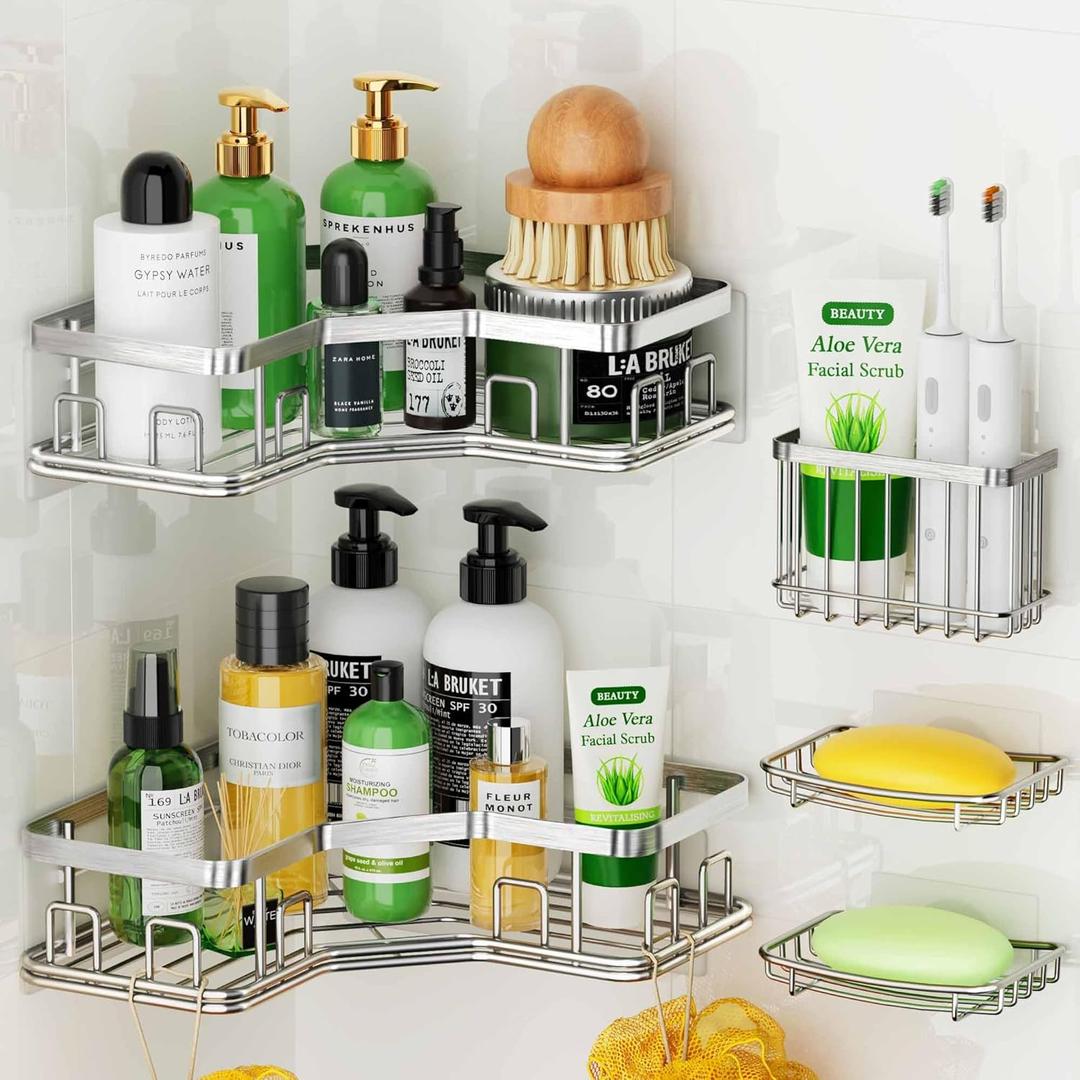 MAXIFFE 5 Pack X-Large Corner Shower Caddy, with Soap Holder and Toothbrush Holder, Large Capacity No Drilling Stainless Steel Hold 40 LB Shower Organizer Shelf Rack for Family Renter Bathroom, Silver