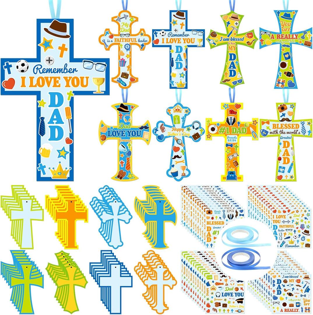 48 Set Religious Father's Day Craft Kit DIY Christian Cross Crafts Sticker Make Your Own Jesus Ornament for Sunday School VBS Class Art Project Home Party Activity (Father's Day, Blue)