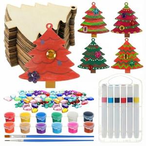 DoubleFill 50pcs Christmas Wood Ornaments Painting Craft Kits for Kids Paint Your Own Xmas Ornaments with 12 Colors of Acrylic Paint, 12 Colors of Markers, and 200 Acrylic Stickers(Tree)