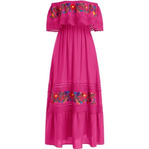 Odizli Women's Long Summer Off Shoulder Mexican Boho Floral Embroidery Lace A Line Maxi Dresses 2XL