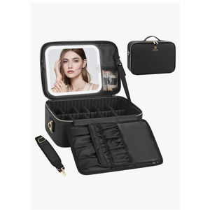 Relavel Makeup Bag with LED Mirror Travel Train Case Large Cosmetic Bags Organizer with Lighted Up Mirror with 3 Color Lights, Adjustable Brightness, Adjustable Dividers and Shoulder Strap (Black)