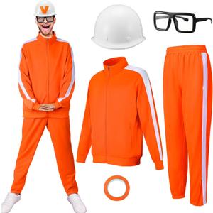 5 Pcs Halloween Men's Orange Tracksuit Set - Include Black Frame Glasses and White Hat Athletic Sports Gym Training Suits Classic Eyewear for Cosplay Party Daily Wearing