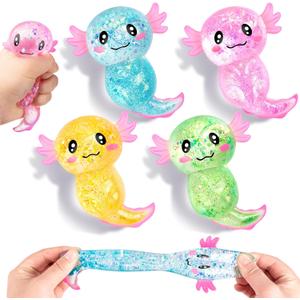 4PCS Glitter Stress Relief Axolotl Toy Cute Malt Sugar Filled Sensory Fidget Toy for Kids Adults Soothing Birthday Party Favors Gift (4 Colors)