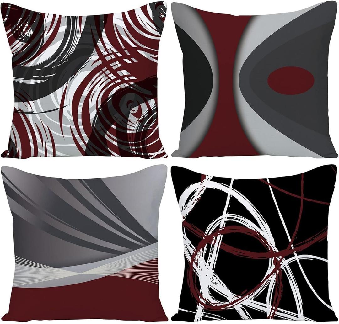 Set of 4 Throw Pillow Covers Modern Abstract Wine Red Stripes Gray Black White Acrylic Bold Grey Decorative Pillow Cases Home Decor Square 20x20 Inches Pillowcases