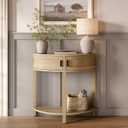 Farmhouse Half Moon Console Table - Small Entry Desk with Storage for Narrow Spaces - Modern Home Decor - Living Room Furniture - Wood Entryway Table with Doors and Black Knobs (Natural Oak)