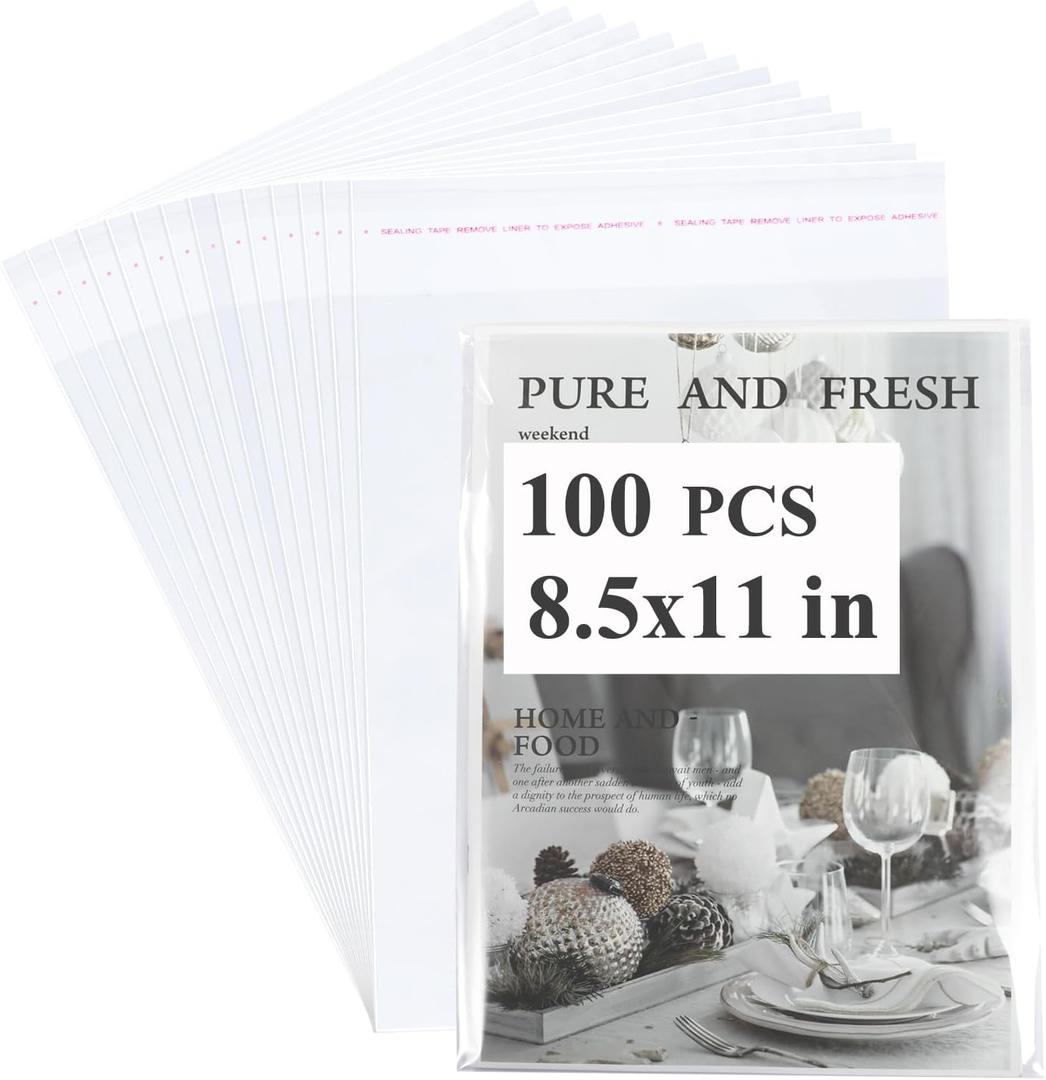 100 Pcs Resealable Magazine Bags Thick Clear Plastic Sleeves for 8.5x11 Inch Paper,Comic Book,Art Prints (Bag Size:8.75x11.06 inch)